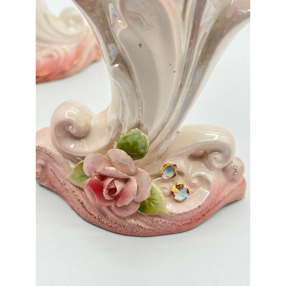Lefton Ceramic Cornucopia Floral Gold Trim Vases Set 2 Hand‎ painted
